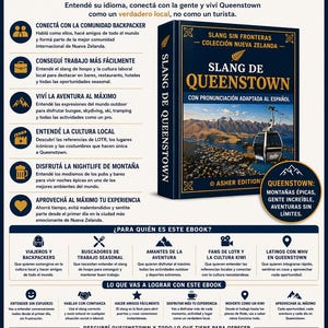 May include: An advertisement for an ebook titled "El Slang de Queenstown" with a blue book cover. The cover features the title in large gold letters and a picture of a cable car. The ad promotes learning the local slang.