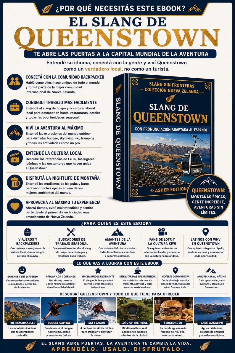 May include: An advertisement for an ebook titled "El Slang de Queenstown" with a blue book cover. The cover features the title in large gold letters and a picture of a cable car. The ad promotes learning the local slang.