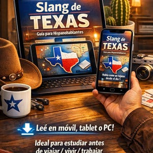 May include: An image promoting a Texas slang guide for Spanish speakers. The image features a tablet and smartphone displaying the guide's title and a map of Texas. A cowboy hat, coffee mug, and other items are also visible.