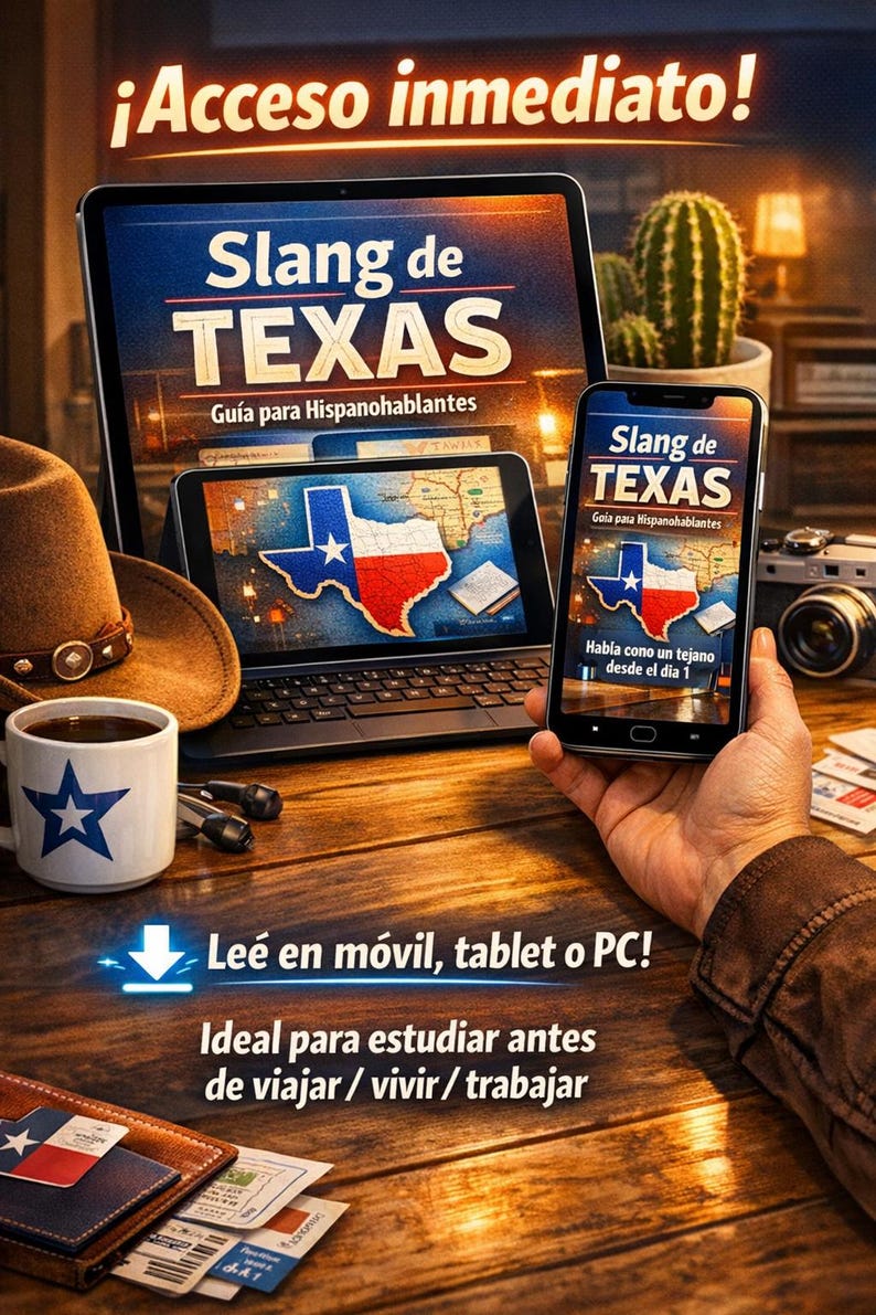 May include: An image promoting a Texas slang guide for Spanish speakers. The image features a tablet and smartphone displaying the guide's title and a map of Texas. A cowboy hat, coffee mug, and other items are also visible.