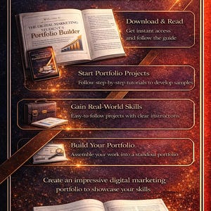 以下が含まれることがあります： 「THE DIGITAL MARKETING STUDENT'S Portfolio Builder」というタイトルの開いた本と、小さな本と虫眼鏡。デジタルマーケティングポートフォリオの構築方法に関する指示が記載されたテキストボックスも表示されています。