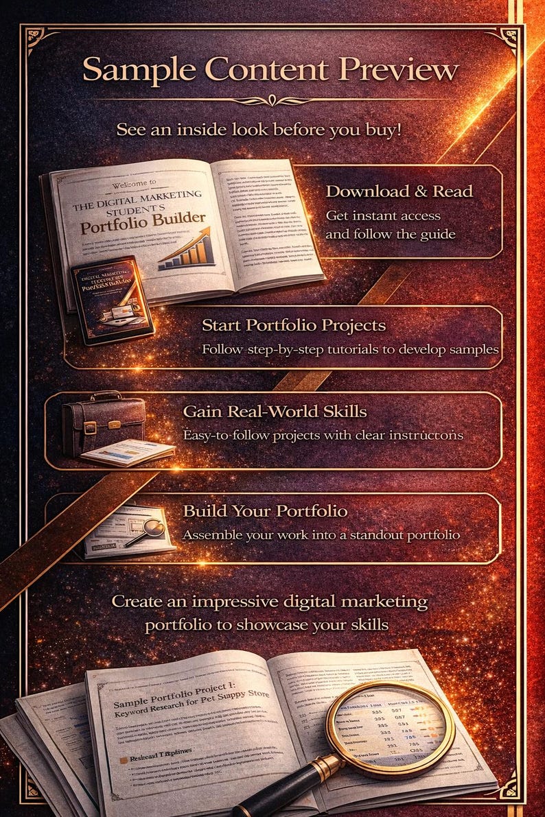 以下が含まれることがあります： 「THE DIGITAL MARKETING STUDENT'S Portfolio Builder」というタイトルの開いた本と、小さな本と虫眼鏡。デジタルマーケティングポートフォリオの構築方法に関する指示が記載されたテキストボックスも表示されています。