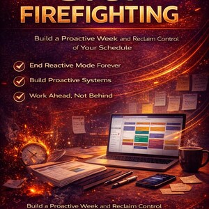 Puede incluir: Imagen promocional con el texto "STOP FIREFIGHTING" en letras doradas. La imagen incluye un portátil que muestra un calendario, un reloj, una taza de café y el texto "GET THE EBOOK NOW". El tema es la productividad y la gestión del tiempo.