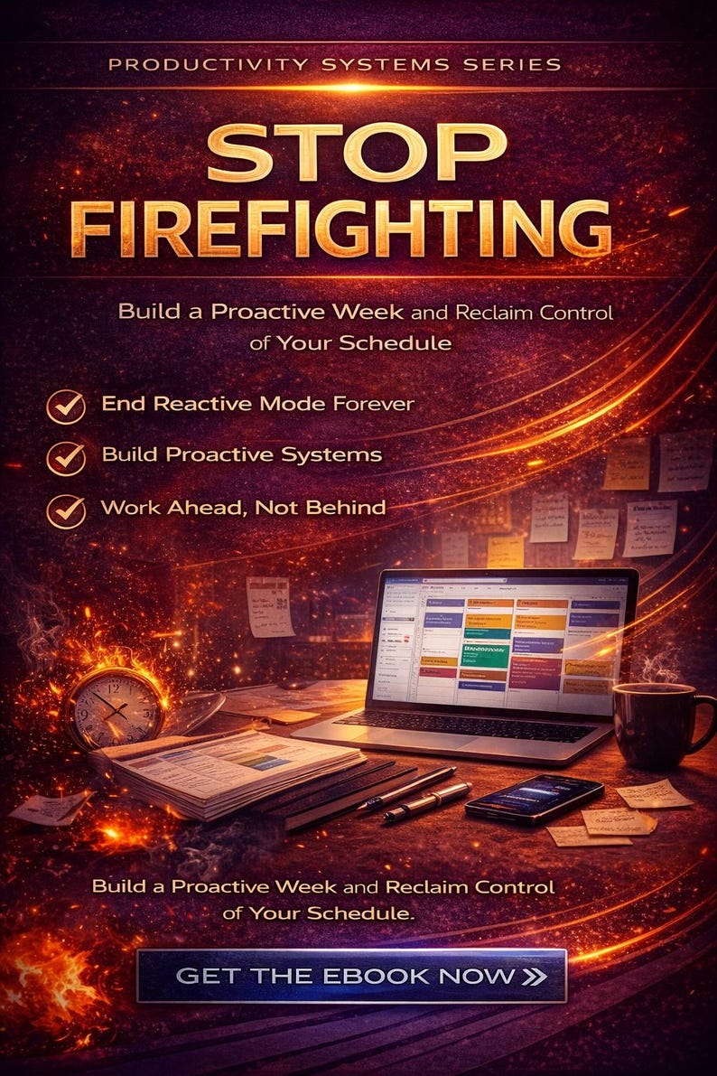 May include: An image promoting productivity, featuring the text "STOP FIREFIGHTING". It shows a laptop with a calendar, a clock, and a coffee mug. The text "GET THE EBOOK NOW" is also visible. The image's theme is time management and proactive planning.