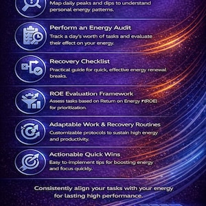 May include: A digital ebook titled "HOW TO USE THIS eBook" with a dark purple and blue gradient background. The ebook's content includes steps to recognize energy ebbs and flows, perform an energy audit, and implement quick wins for lasting high performance.