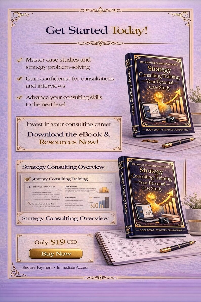 May include: An advertisement for a strategy consulting training program. The image features a book titled "Strategy Consulting Training - Your Personal Case Study", a notebook, and a pen. The text includes "Get Started Today!" and "Buy Now".