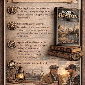 Pu&ograve; includere: Annuncio illustrato per un eBook intitolato "Slang de Boston". L'immagine presenta un libro, una bussola e due uomini che conversano. Il testo spiega come usare l'eBook per imparare lo slang di Boston.