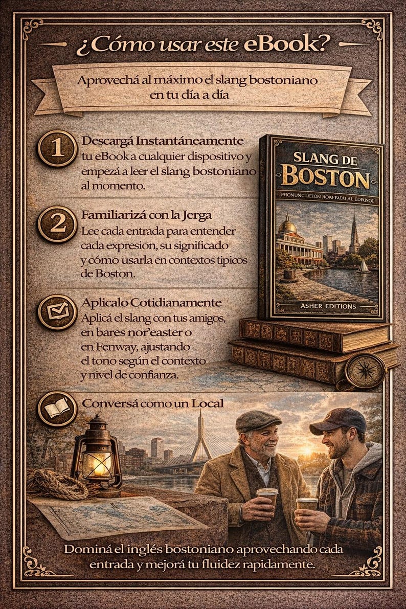 Pu&ograve; includere: Annuncio illustrato per un eBook intitolato "Slang de Boston". L'immagine presenta un libro, una bussola e due uomini che conversano. Il testo spiega come usare l'eBook per imparare lo slang di Boston.