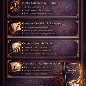 May include: A dark purple educational poster with gold detailing. The poster lists topics including niche selection, content creation, organic growth tactics, and analytics. A book titled "Your First 1,000 Followers" is also visible.