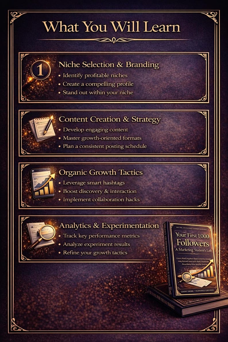 May include: A dark purple educational poster with gold detailing. The poster lists topics including niche selection, content creation, organic growth tactics, and analytics. A book titled "Your First 1,000 Followers" is also visible.