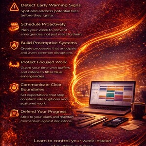 May include: An infographic with text on a dark background, outlining steps to manage time and prevent emergencies. A laptop, phone, and coffee cup are on a wooden desk. The text includes "Detect Early Warning Signs" and "Defend Your Progress."