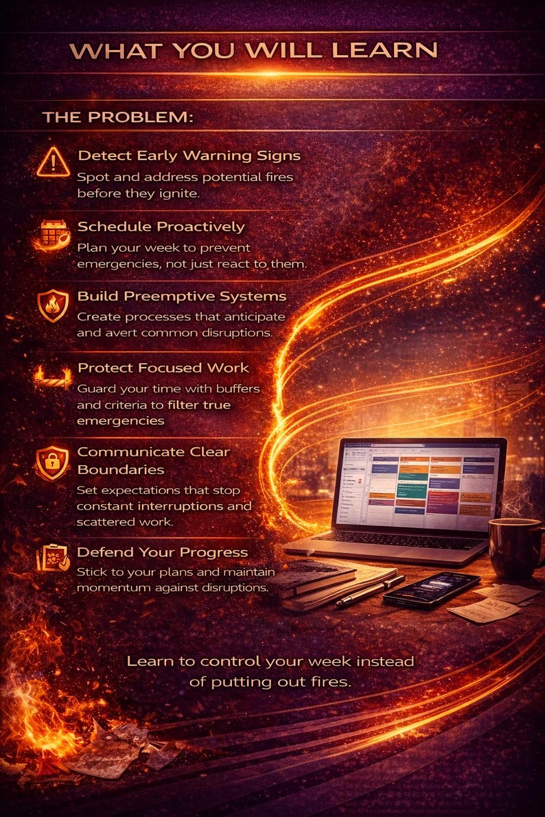 May include: An infographic with text on a dark background, outlining steps to manage time and prevent emergencies. A laptop, phone, and coffee cup are on a wooden desk. The text includes "Detect Early Warning Signs" and "Defend Your Progress."