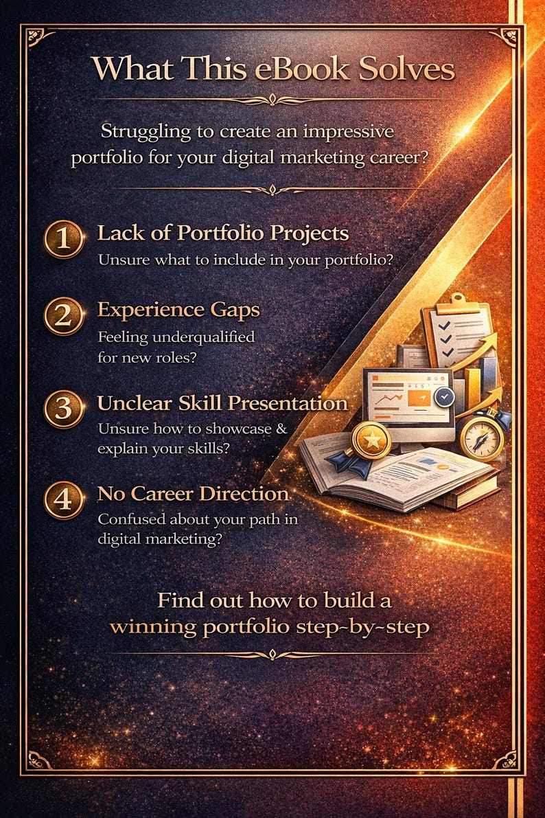以下が含まれることがあります： 暗い背景と金のアクセントが施された電子書籍の表紙。「What This eBook Solves」というテキストがあり、デジタルマーケティングのキャリアにおける一般的な課題をリストアップしています。グラフィックには、コンピューター、本、コンパスが含まれています。