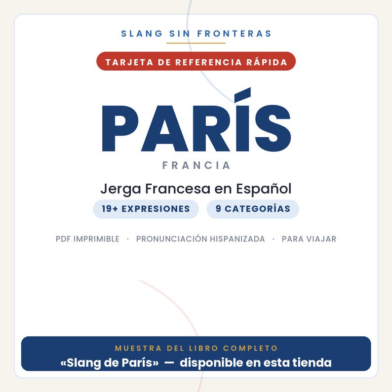 Parisisk slang på spanska | Fransk slang i utskrivbar PDF | Riktiga fraser för att resa till Paris | Förhandsvisning av den parisiska slangboken bild 1