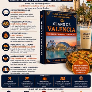 Op de afbeelding: Een boek getiteld "Slang de Valencia" met een blauwe kaft, met de skyline van Valencia en een glas horchata. Het boek belooft lezers te helpen Valencia te begrijpen, contact te maken en ervan te genieten.