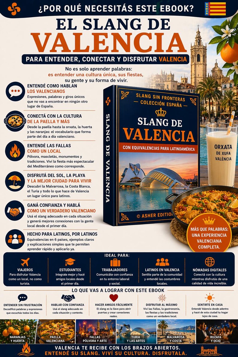 Op de afbeelding: Een boek getiteld "Slang de Valencia" met een blauwe kaft, met de skyline van Valencia en een glas horchata. Het boek belooft lezers te helpen Valencia te begrijpen, contact te maken en ervan te genieten.