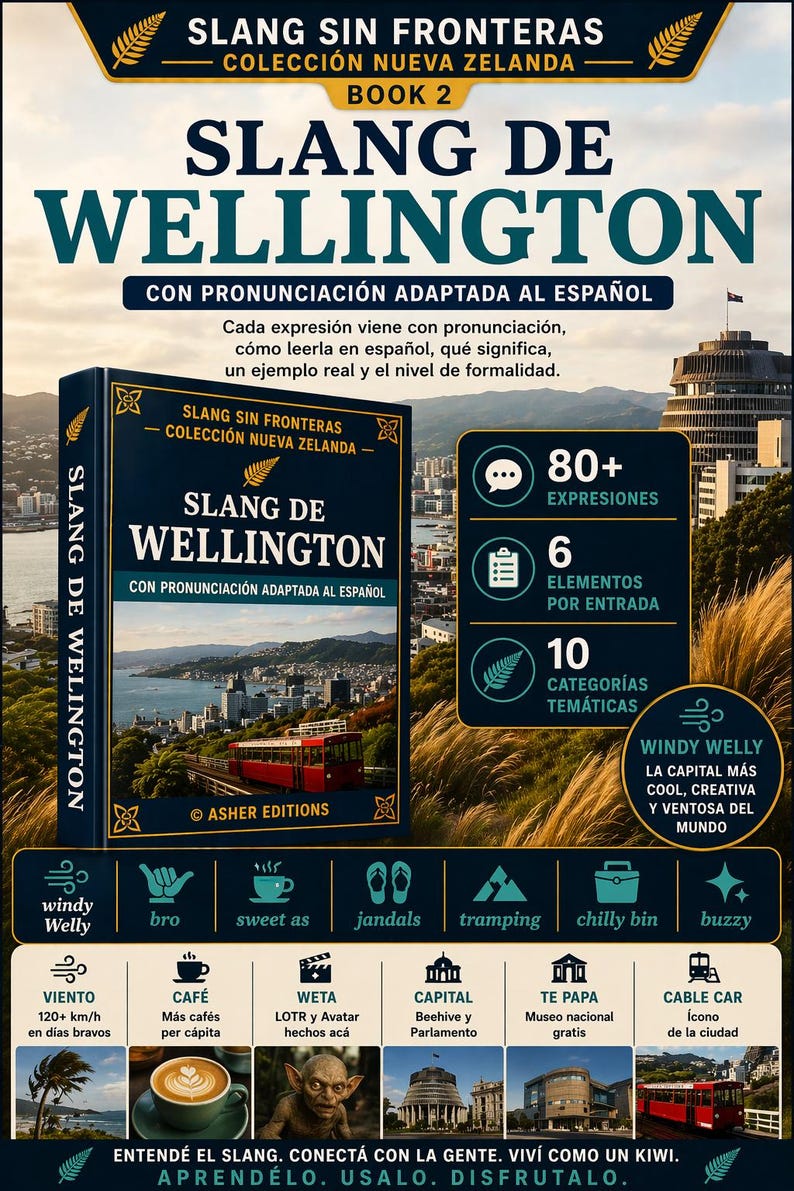 May include: A book cover titled "Slang de Wellington" with text in Spanish. The cover features a cityscape with a red cable car. Additional text includes "Slang Sin Fronteras" and information about expressions, elements, and categories.