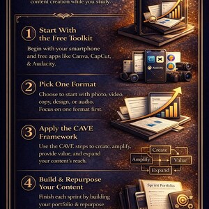 May include: An ebook titled "How to Use This eBook" with steps for content creation. The image includes a book, smartphone, and graphics. The steps are: Start with the Free Toolkit, Pick One Format, Apply the CAVE Framework, and Build & Repurpose Your Content.