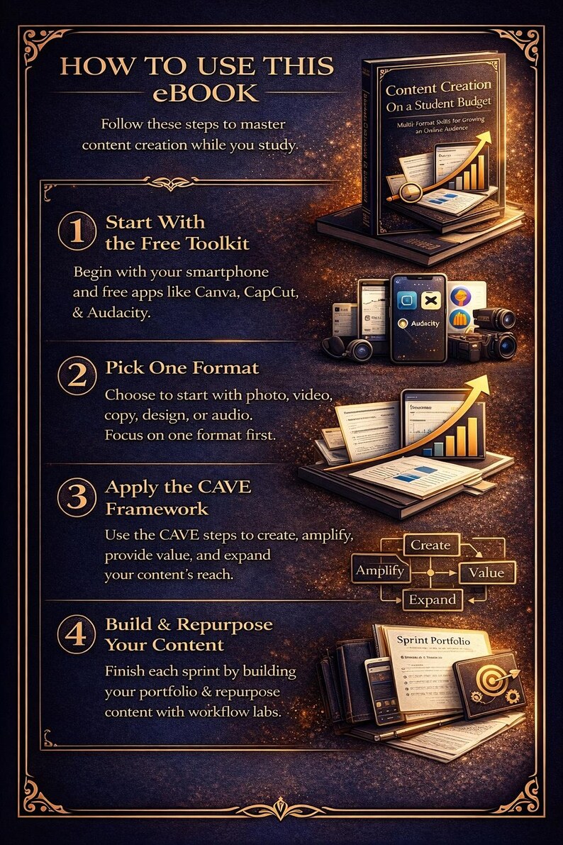 May include: An ebook titled "How to Use This eBook" with steps for content creation. The image includes a book, smartphone, and graphics. The steps are: Start with the Free Toolkit, Pick One Format, Apply the CAVE Framework, and Build & Repurpose Your Content.
