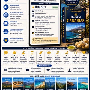 May include: A book titled "Slang de Canarias" with a cover featuring a scenic view of mountains and the ocean. The book is part of the "Slang Sin Fronteras" collection and includes equivalencies for Latin America.
