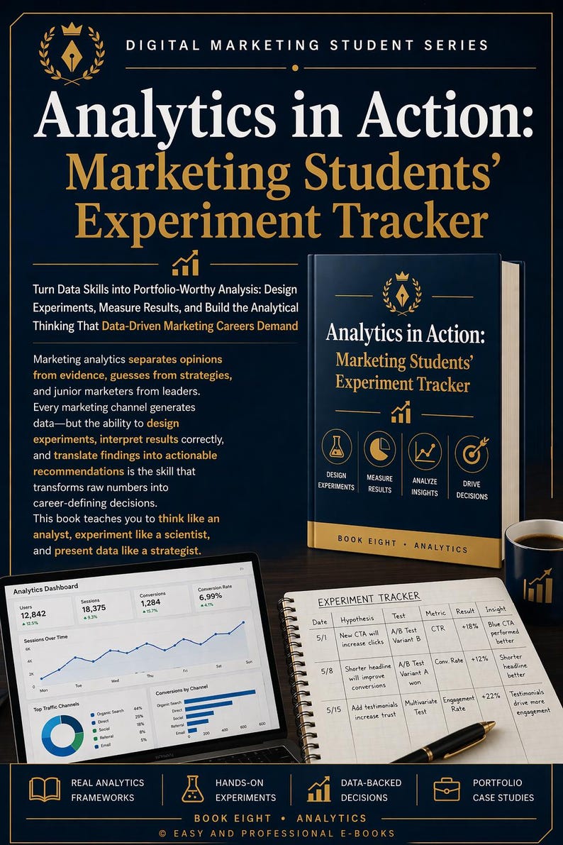May include: An image promoting "Analytics in Action: Marketing Students' Experiment Tracker." The image features a book, a laptop displaying analytics, a notebook with experiment data, and a coffee cup. The book cover displays the title and icons for design, measure, analyse, and drive.
