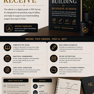 May include: A promotional image for a digital marketing student series, featuring a black book titled "Brand Building for Business School." The image includes a black mug, a notebook with a pen, and informational graphics about brand strategy.