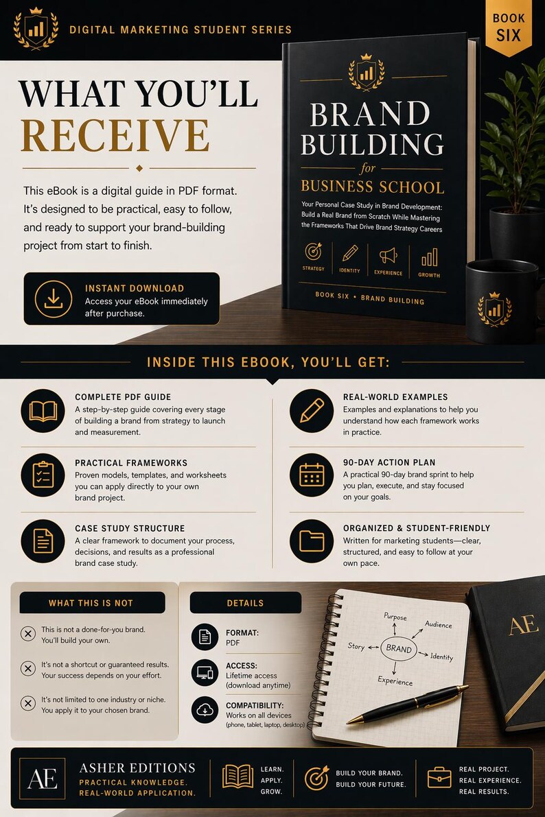 May include: A promotional image for a digital marketing student series, featuring a black book titled "Brand Building for Business School." The image includes a black mug, a notebook with a pen, and informational graphics about brand strategy.