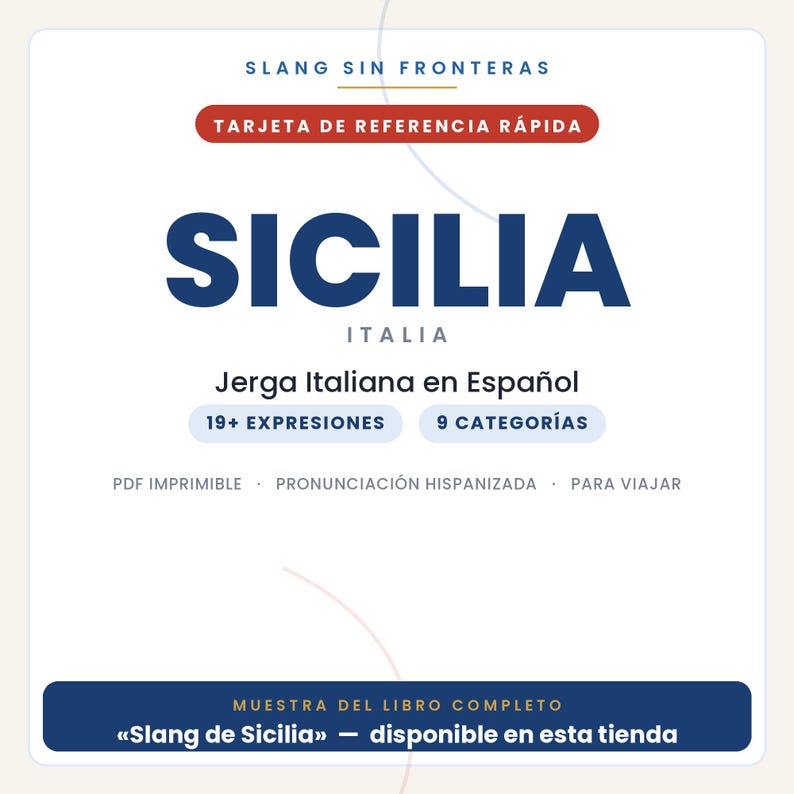 May include: A white digital reference card titled SLANG SIN FRONTERAS TARJETA DE REFERENCIA R&Aacute;PIDA. It features the text SICILIA ITALIA, Jerga Italiana en Espa&ntilde;ol, 19+ EXPRESIONES, 9 CATEGOR&Iacute;AS, and MUESTRA DEL LIBRO COMPLETO Slang de Sicilia.