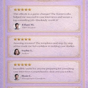 May include: A vertical image with a purple and gold design. The text reads "Read What Our Customers Are Saying" and includes customer testimonials with star ratings. The testimonials praise an eBook for case interview preparation.
