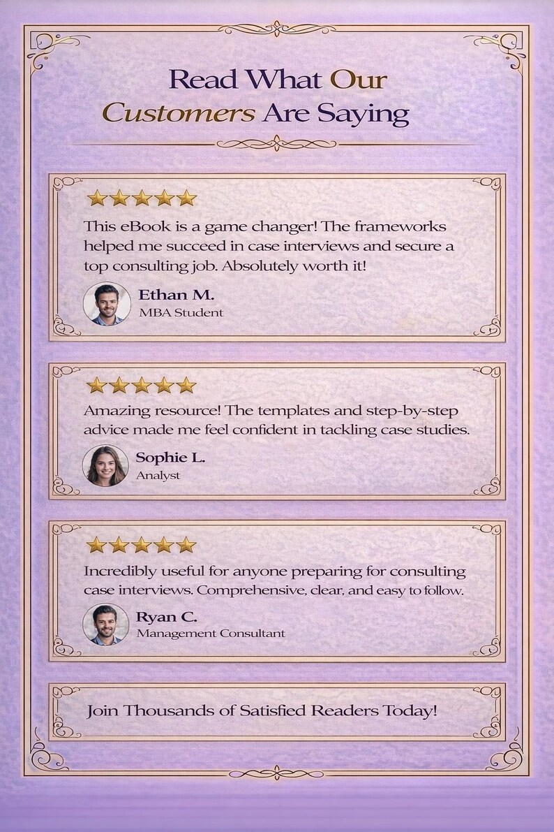 May include: A vertical image with a purple and gold design. The text reads "Read What Our Customers Are Saying" and includes customer testimonials with star ratings. The testimonials praise an eBook for case interview preparation.