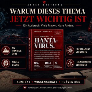 May include: A promotional image for a book titled "HANTA-VIRUS" with the text "WARUM DIESES THEMA JETZT WICHTIG IST." The image includes a map, scientific equipment, and informational graphics. The book cover is red with white text.