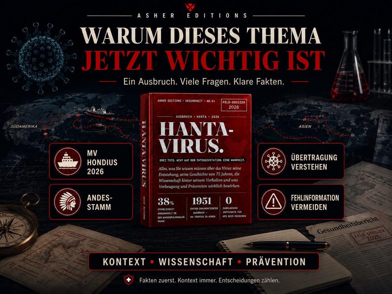 May include: A promotional image for a book titled "HANTA-VIRUS" with the text "WARUM DIESES THEMA JETZT WICHTIG IST." The image includes a map, scientific equipment, and informational graphics. The book cover is red with white text.
