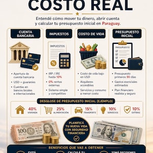 May include: Informational graphic with text in Spanish about banking, taxes, and real costs. Includes icons for bank accounts, taxes, and initial budget. Features a breakdown of initial budget percentages and benefits of financial planning.