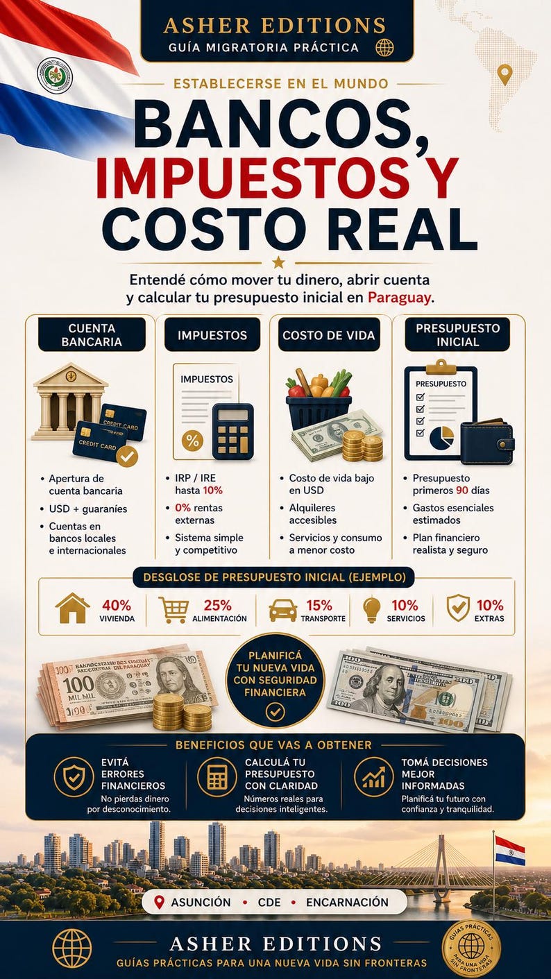 May include: Informational graphic with text in Spanish about banking, taxes, and real costs. Includes icons for bank accounts, taxes, and initial budget. Features a breakdown of initial budget percentages and benefits of financial planning.