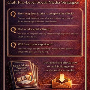 May include: A digital marketing eBook advertisement with a dark burgundy background. The text reads "Download the eBook Now" and "Craft Pro-Level Social Media Strategies." The image includes a stack of books titled "Social Media Strategy" and a gold envelope with a downward arrow.