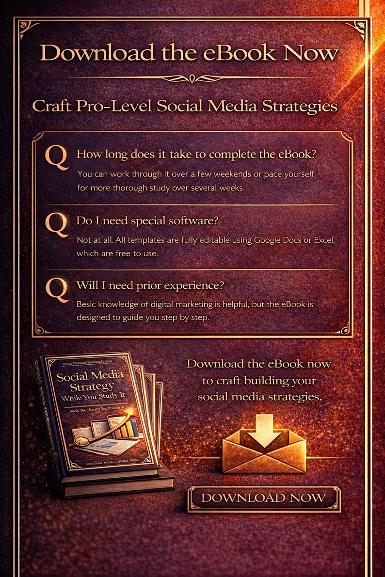 May include: A digital marketing eBook advertisement with a dark burgundy background. The text reads "Download the eBook Now" and "Craft Pro-Level Social Media Strategies." The image includes a stack of books titled "Social Media Strategy" and a gold envelope with a downward arrow.
