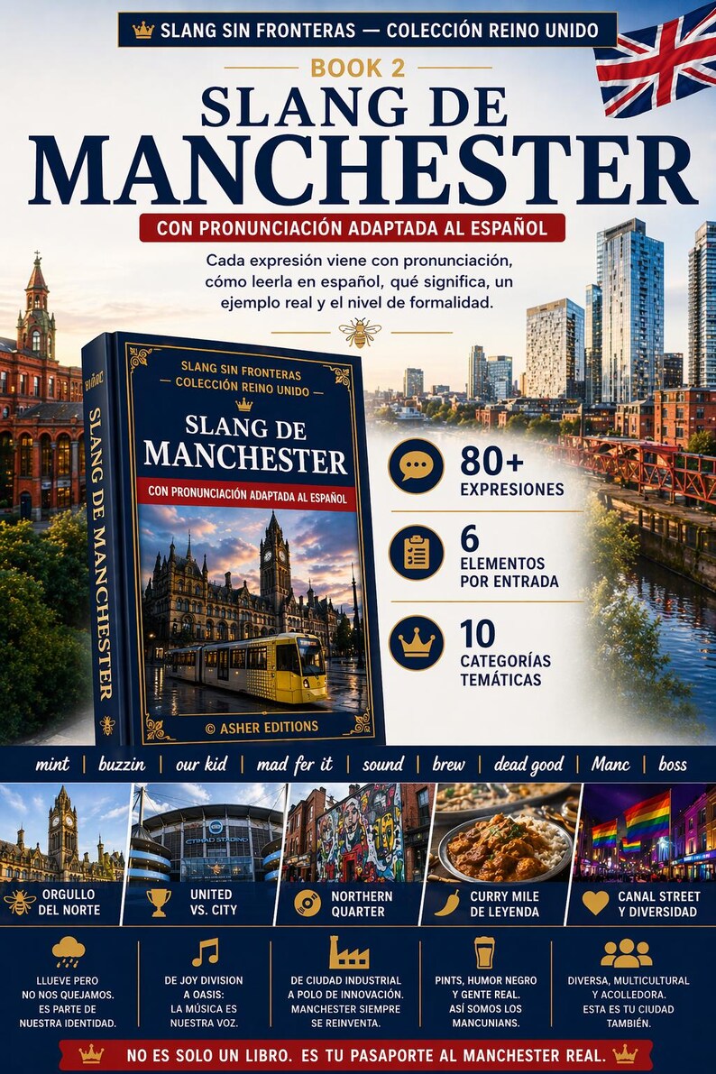 Op de afbeelding: Boekomslag van "Slang de Manchester" met de vlag van het Verenigd Koninkrijk op de achtergrond. De omslag toont een stadsgezicht met een gele tram. Het boek bevat meer dan 80 uitdrukkingen, 6 elementen per item en 10 thematische categorie&euml;n.