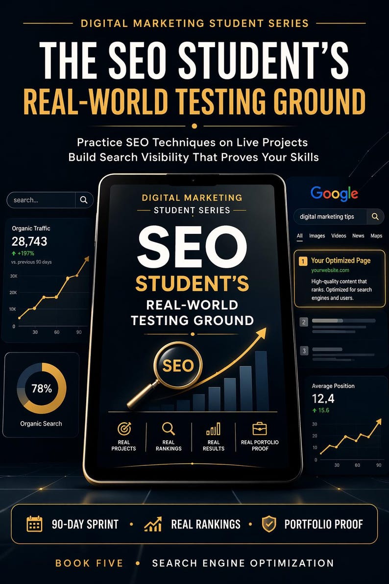 May include: A digital marketing graphic with the text "THE SEO STUDENT'S REAL-WORLD TESTING GROUND." The image includes a tablet displaying SEO data, a magnifying glass with "SEO," and a Google search results display. The graphic promotes SEO techniques.