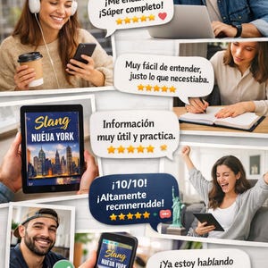Puede incluir: Imagen promocional de una aplicaci&oacute;n para aprender idiomas. Personas usando la app en tablets y tel&eacute;fonos. La interfaz muestra "Slang Nueva York" con un gr&aacute;fico de ciudad. Se ven burbujas de comentarios positivos y estrellas.