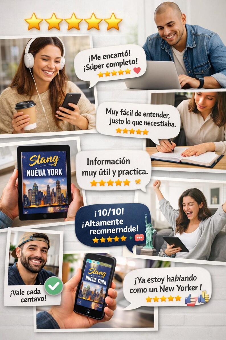 Puede incluir: Imagen promocional de una aplicaci&oacute;n para aprender idiomas. Personas usando la app en tablets y tel&eacute;fonos. La interfaz muestra "Slang Nueva York" con un gr&aacute;fico de ciudad. Se ven burbujas de comentarios positivos y estrellas.