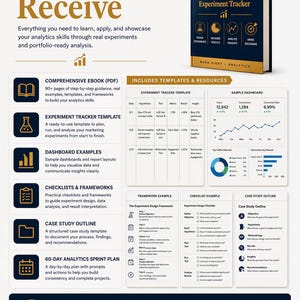 May include: A digital marketing student series guide titled "What You'll Receive" with a book cover that says "Analytics in Action: Marketing Students' Experiment Tracker." The guide includes an ebook, templates, dashboards, checklists, and a 60-day sprint plan.