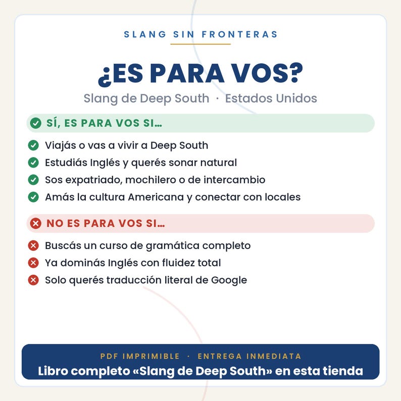 May include: A white informational graphic titled Slang Sin Fronteras with the heading Es Para Vos? Slang de Deep South Estados Unidos. It lists criteria for who the content is for using green checkmarks and who it is not for using red x marks.