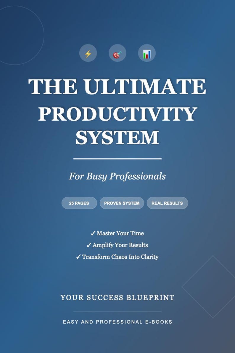 Puede incluir: Gr&aacute;fico azul con el texto "THE ULTIMATE PRODUCTIVITY SYSTEM" y el lema "Para profesionales ocupados". Incluye "25 P&Aacute;GINAS", "SISTEMA PROBADO" y "RESULTADOS REALES", adem&aacute;s de beneficios como dominar el tiempo.