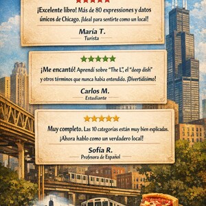 Peut inclure: Publicit&eacute; illustr&eacute;e pour un livre sur l'argot de Chicago. L'image pr&eacute;sente des critiques, un paysage urbain, un train et une part de pizza. Le texte comprend "Windy City" et "D&eacute;couvrez l'argot de Chicago !"