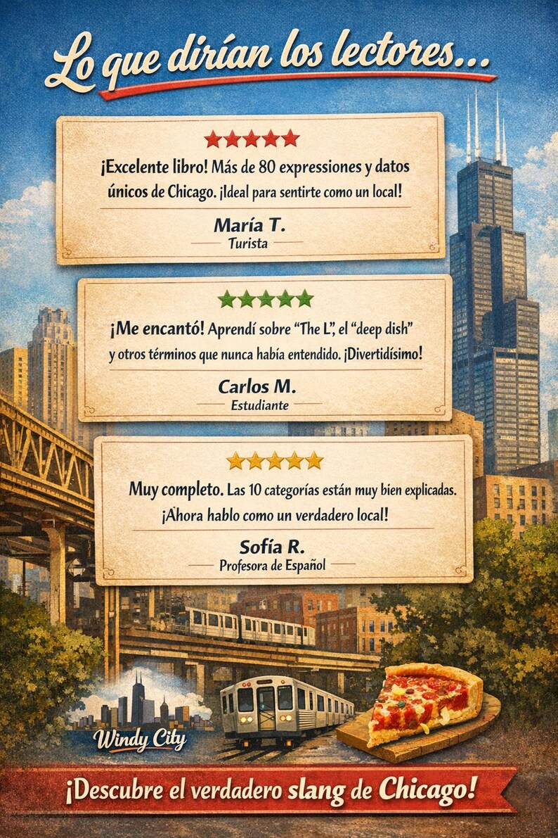 Peut inclure: Publicit&eacute; illustr&eacute;e pour un livre sur l'argot de Chicago. L'image pr&eacute;sente des critiques, un paysage urbain, un train et une part de pizza. Le texte comprend "Windy City" et "D&eacute;couvrez l'argot de Chicago !"