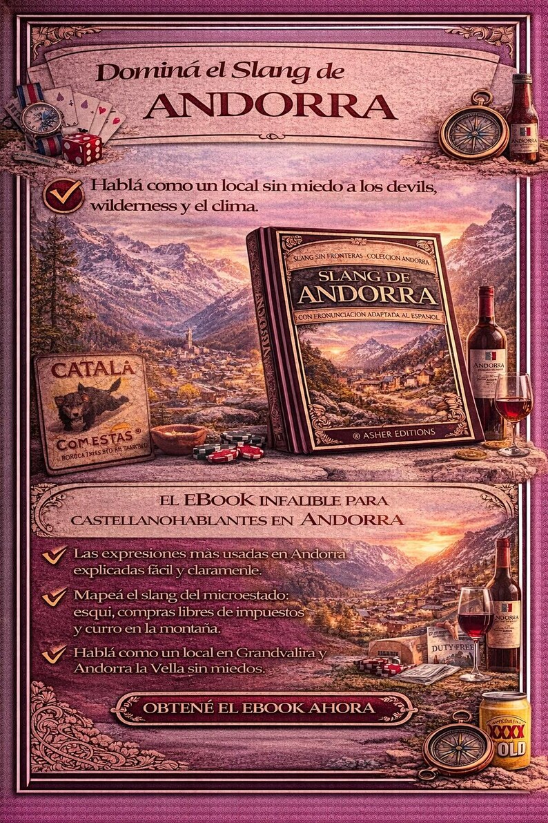 May include: An advertisement for an ebook about Andorran slang. The image features a book, wine bottles, a compass, and dice. The text includes phrases like "Slang de Andorra" and "Obten&eacute; el ebook ahora."