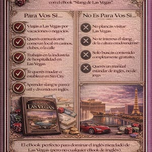 Puede incluir: Anuncio de un ebook titulado "Slang de Las Vegas" con tem&aacute;tica de Las Vegas. La imagen presenta un libro, dados, fichas de p&oacute;quer y un paisaje urbano con la Torre Eiffel. El texto enumera para qui&eacute;n es el libro y para qui&eacute;n no.