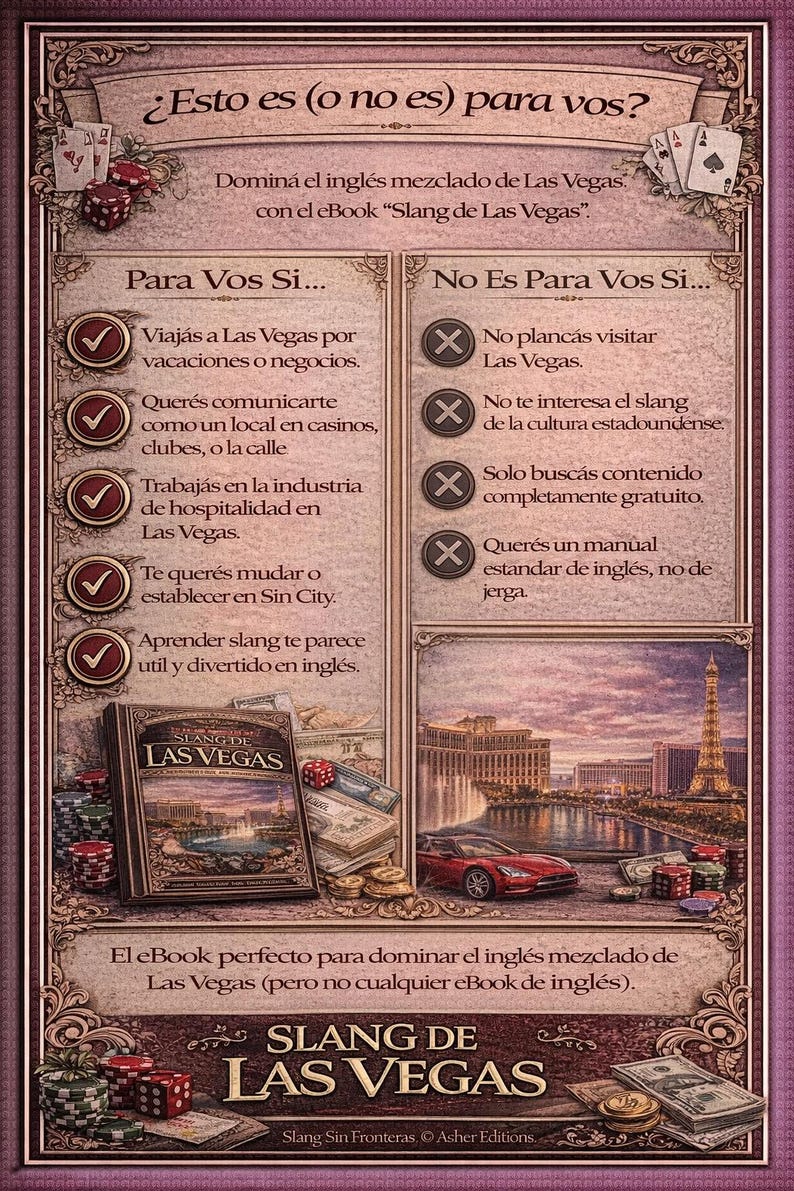 Puede incluir: Anuncio de un ebook titulado "Slang de Las Vegas" con tem&aacute;tica de Las Vegas. La imagen presenta un libro, dados, fichas de p&oacute;quer y un paisaje urbano con la Torre Eiffel. El texto enumera para qui&eacute;n es el libro y para qui&eacute;n no.