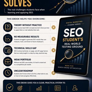 May include: An ebook cover for the Digital Marketing Student Series, Book Five, titled "SEO Student's Real-World Testing Ground." The image features a tablet displaying the ebook, a magnifying glass over the word "SEO," and charts, highlighting SEO concepts and practical application.