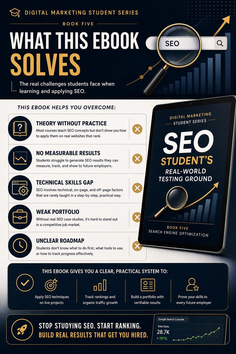 May include: An ebook cover for the Digital Marketing Student Series, Book Five, titled "SEO Student's Real-World Testing Ground." The image features a tablet displaying the ebook, a magnifying glass over the word "SEO," and charts, highlighting SEO concepts and practical application.